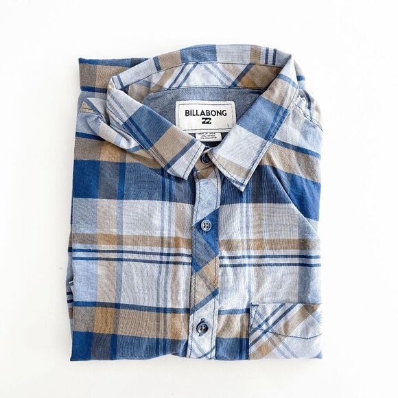 Billabong Mens Short Sleeves Button-Up Plaid Shirt Blue Tan Size Large - Picture 3 of 8
